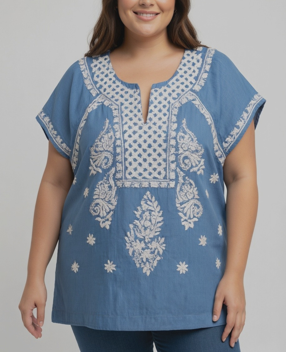 Philosophy Embroidered Chambray Top Women's 3X Blue Boho Peasant Blouse Cotton
